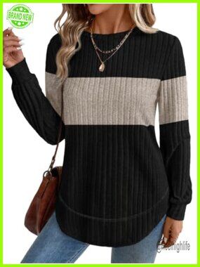 Womens Tunic Sweater Crew Neck Long Sleeve Curved Hem Loose Fit Pullover